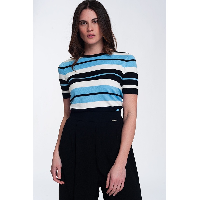 Crew Neck Boxy Jumper With Multi Stripes In Blue