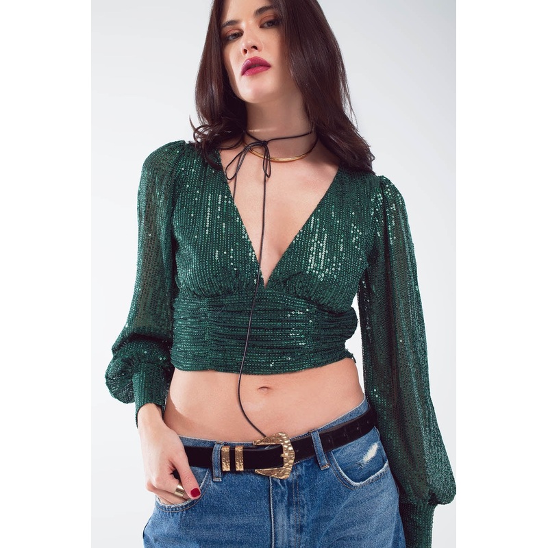Cropped Long Sleeve Sequin Top With V-Neck And Rouched Design In Green
