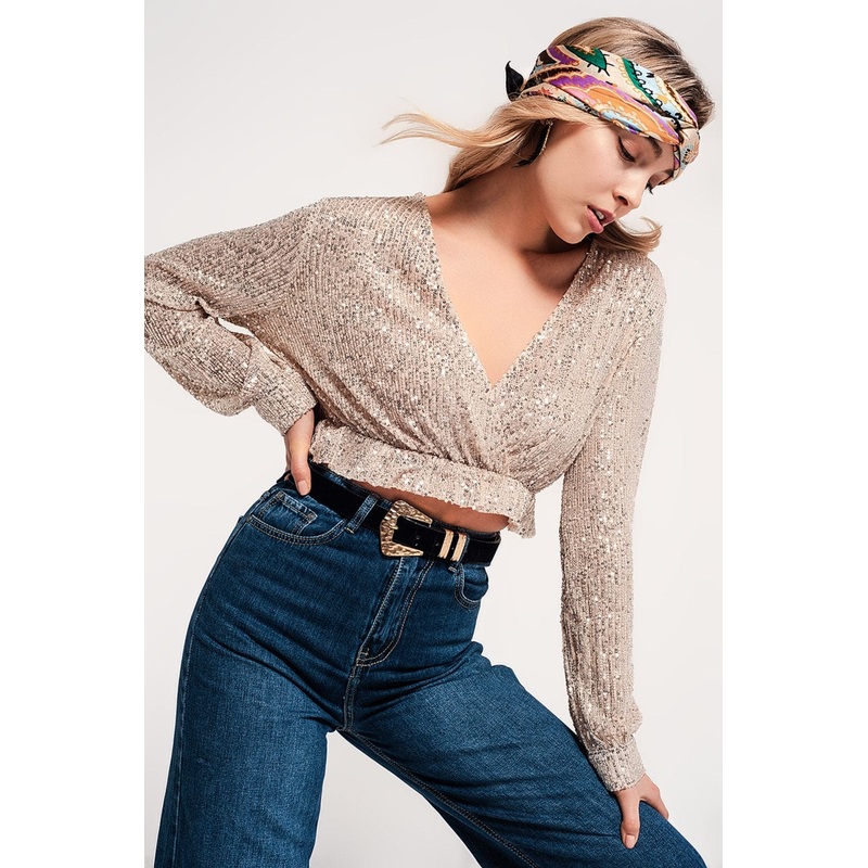 Cross Over Cropped And Sheer Top With Sequins In Gold