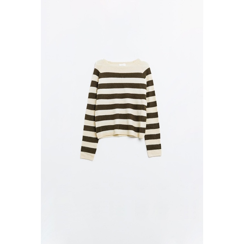 Fine Knit Sweater In Beige With Brown Stripes