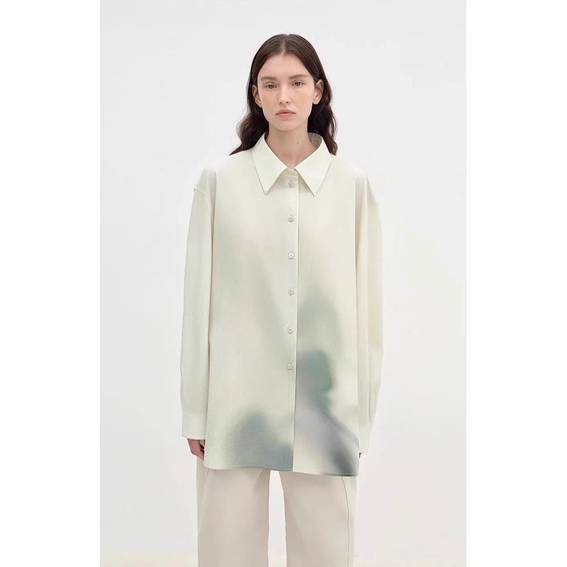 “Green Time” Lapel Side Slit Two-Wear Cotton Printed Shirt