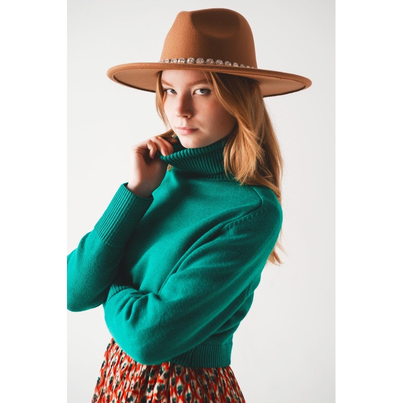 High Neck Cropped Jumper In Green