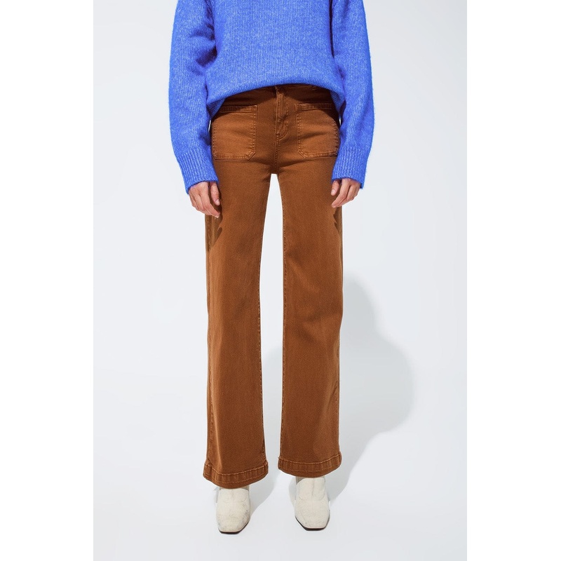 High Waisted Front Pockets Flare Jeans In Camel