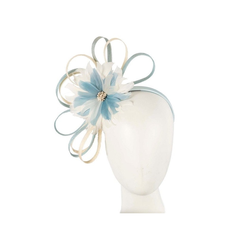 Large blue & cream feather flower fascinator by Max Alexander