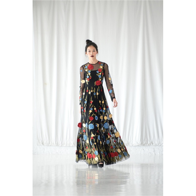 Lavanya Coodly Floral Appliqu Sheer Flared Full Length Hand-Embroidered Gown in Black