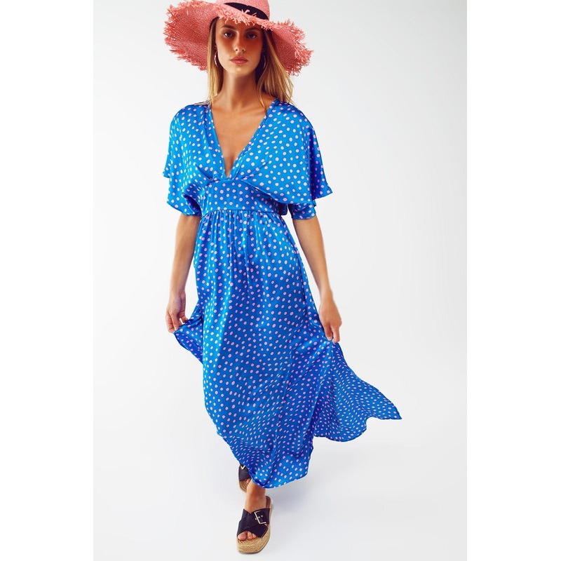 Maxi Cinched At The Waist Dress With Angel Sleeves In Blue Polka Dot