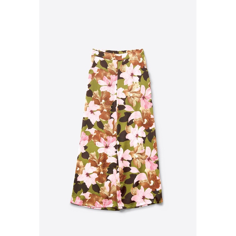 Multicolor Tropical Floral Wide Leg Pant In Satin Fabric