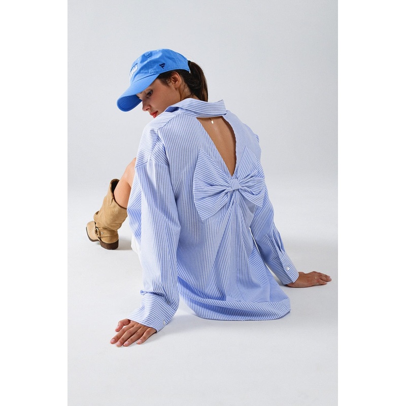 Poplin Oversize Striped Shirt With Bow Detail In Blue And White