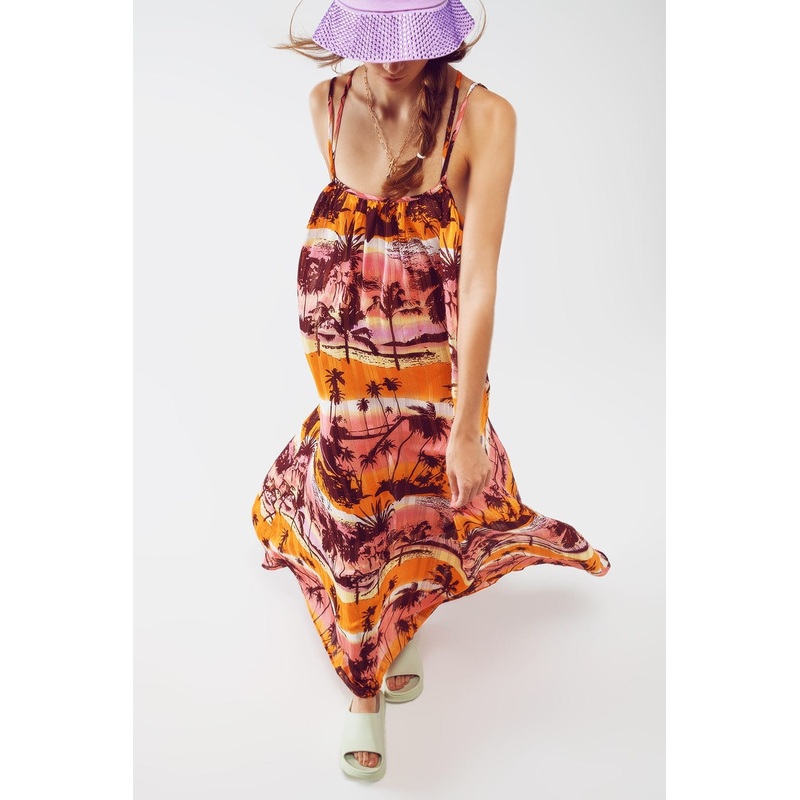 Relaxed Open Back Maxi Dress In Tropical Pink Print