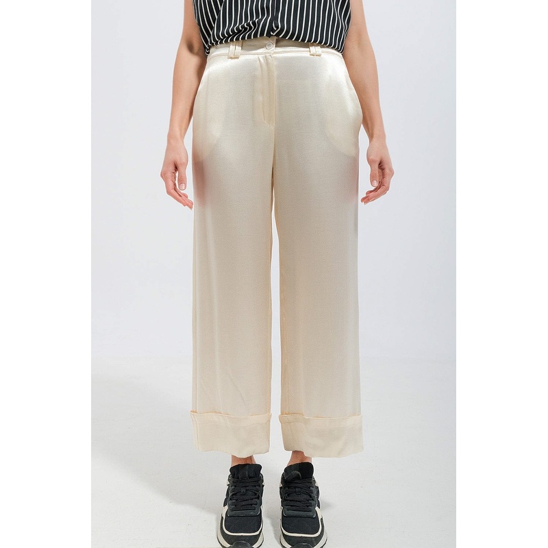 Satin Wide Leg Suit Pants In Cream
