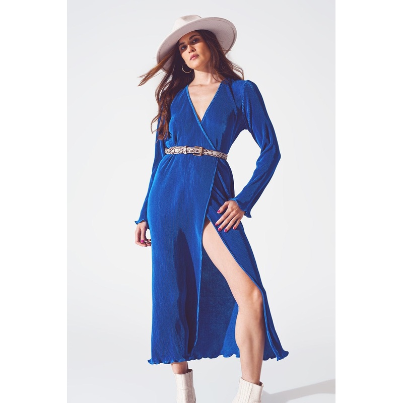 Satin Wrap Detail Pleated Dress In Blue