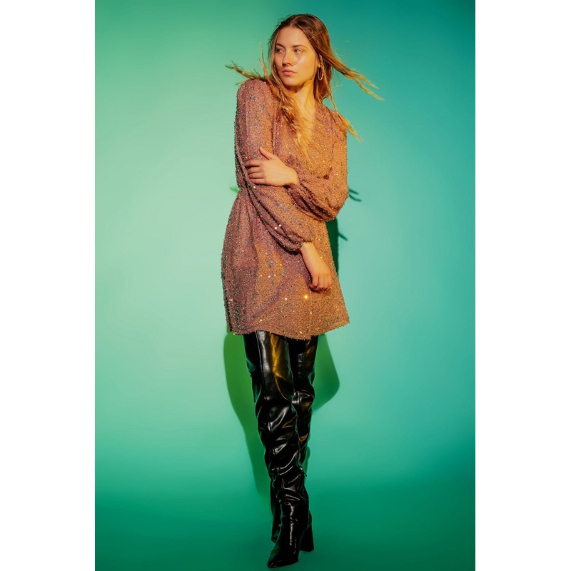 Sequin Wrap Mini Dress In Powder Pink