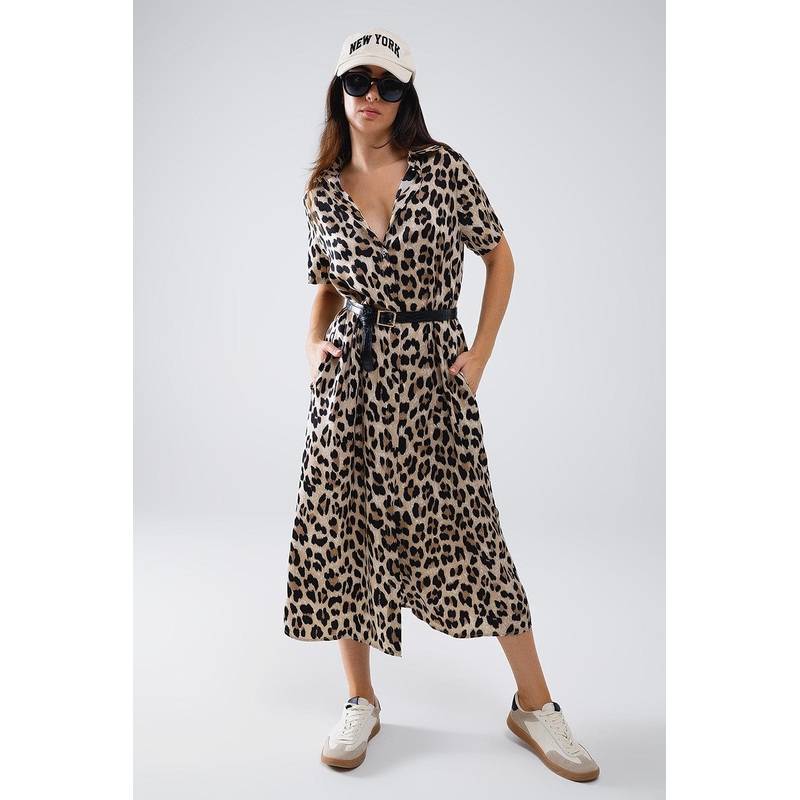 Short Sleeve Shirt Midi Dress With Belt In Leopard Print