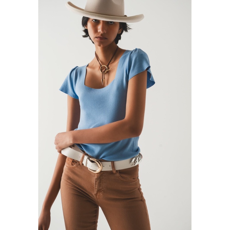 Square Neck Puff Sleeve Sweater In Blue