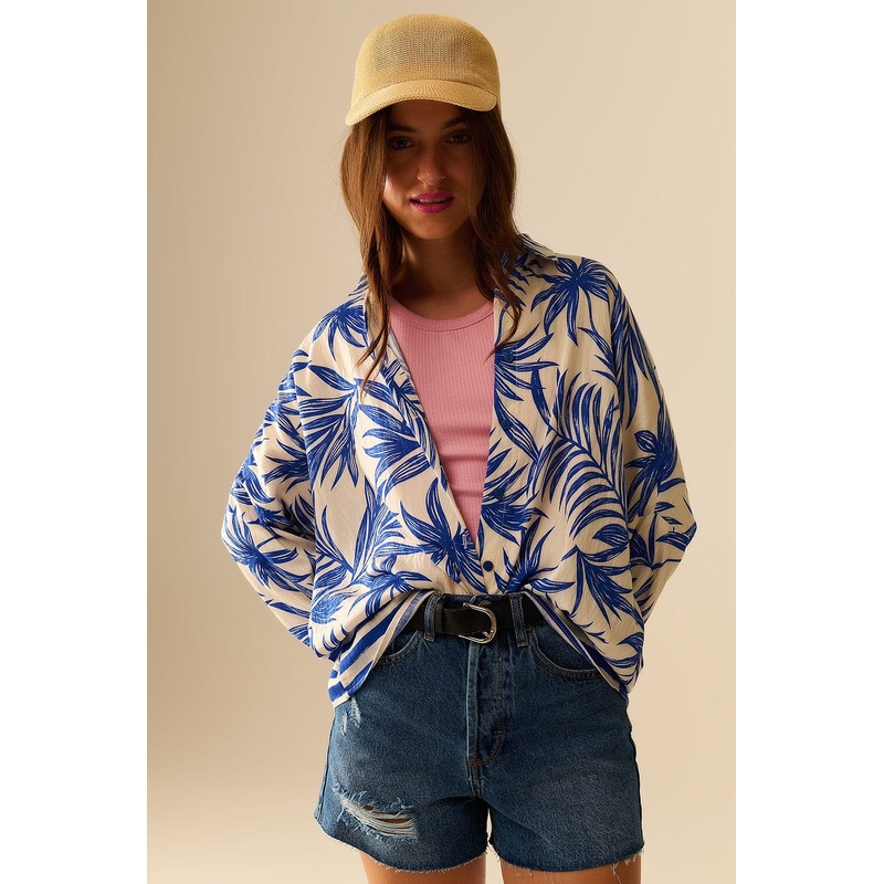 Tropical Motif Relaxed Blouse In Blue And White
