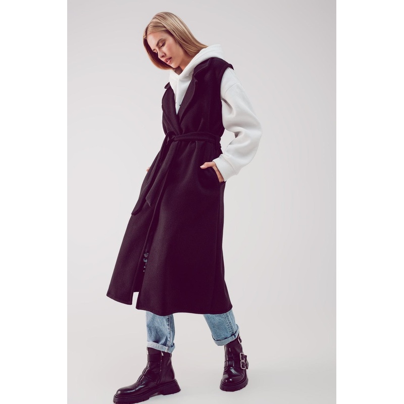 Ultra Longline Belted Gilet In Black