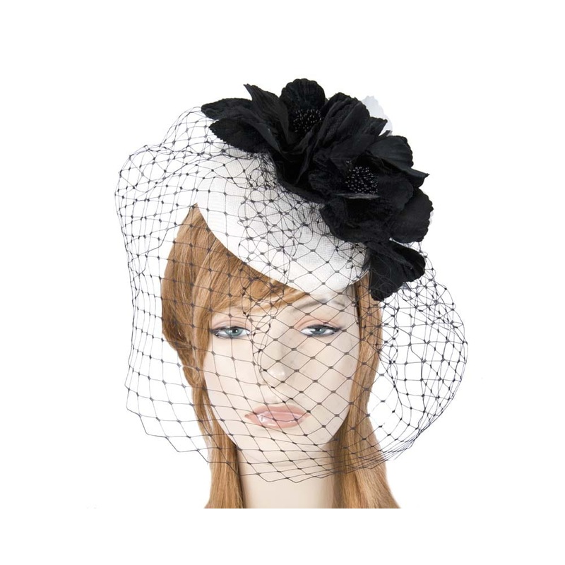 White & black pillbox with flower & veil