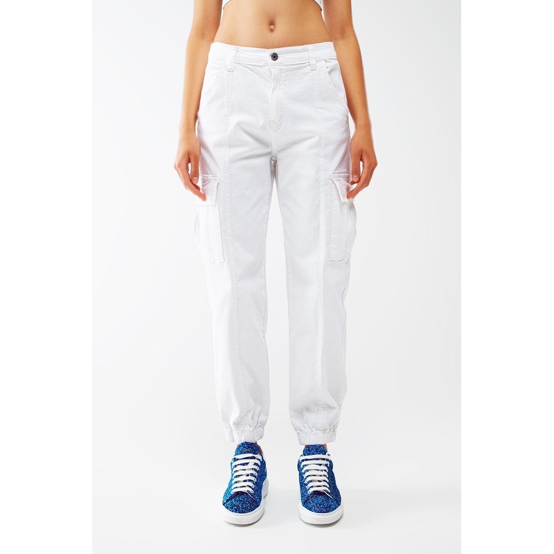 White Cargo Pants With Elasticated Waist And Hem