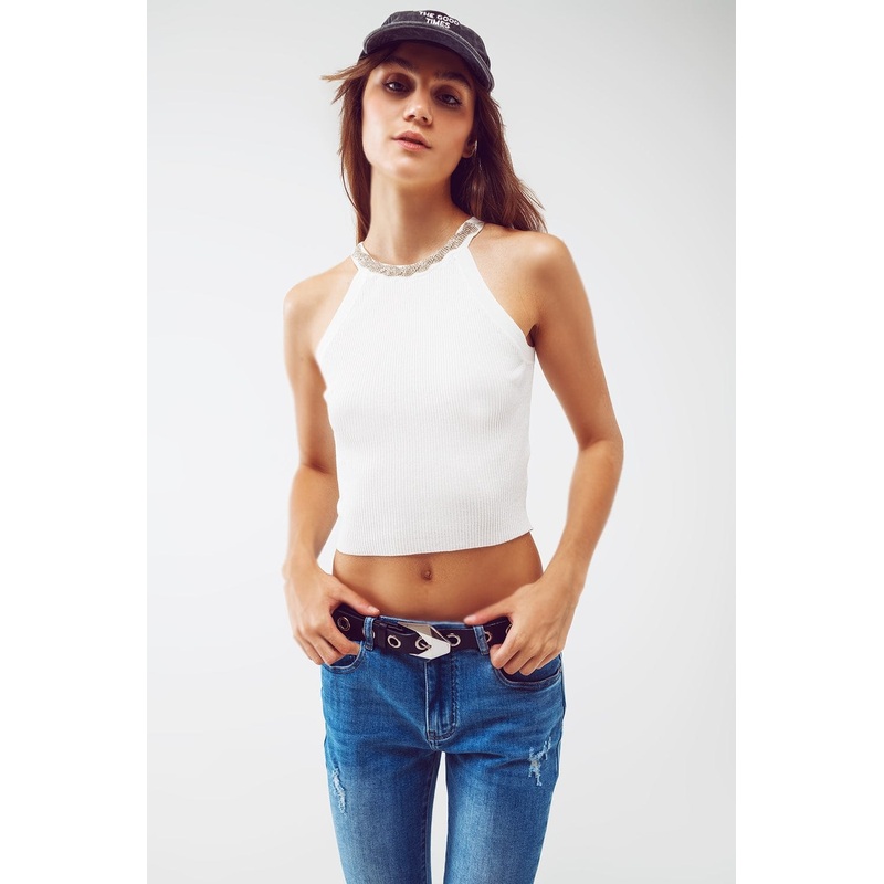 White Halter Top With Strass Necklace Design