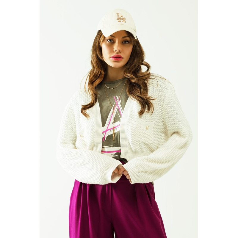 White Long Sleeve Cardigan With Button Closure And Front Pockets