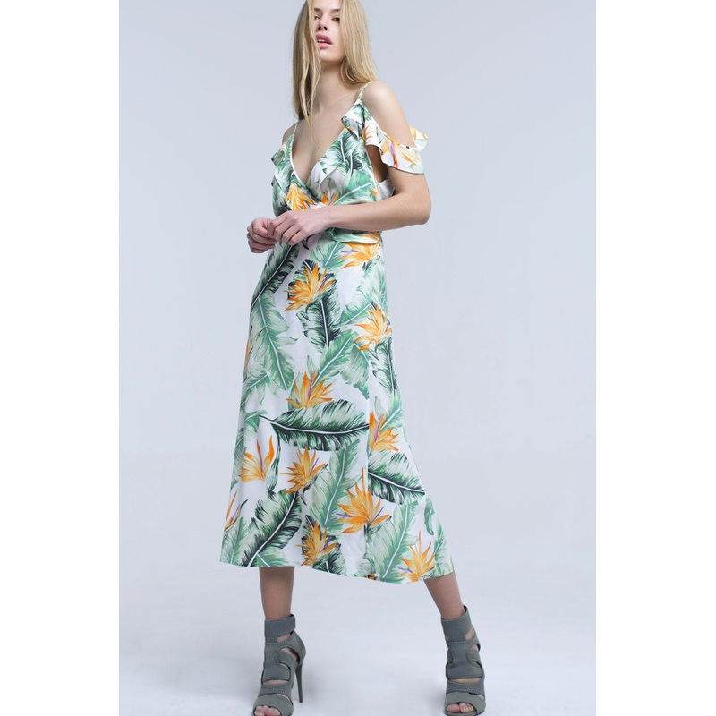 White Midi Dress In Tropical Leaves