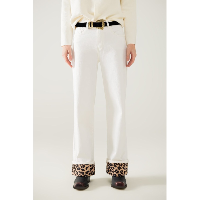 Wide Leg Cream Pants With Leopard Print At The Bottom