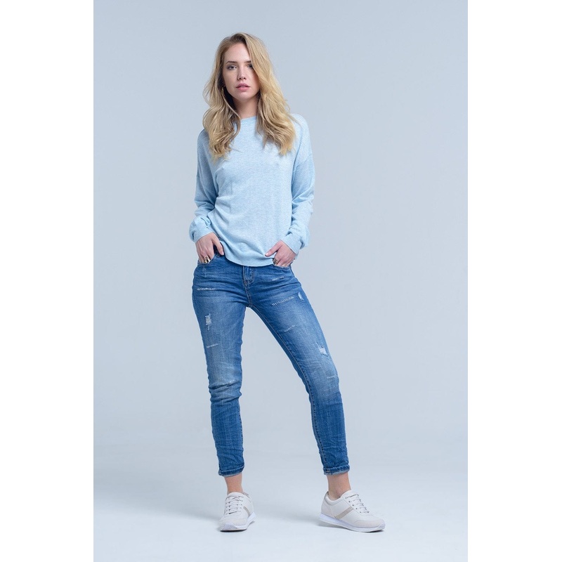 Ankle Jeans With Rip And Repair