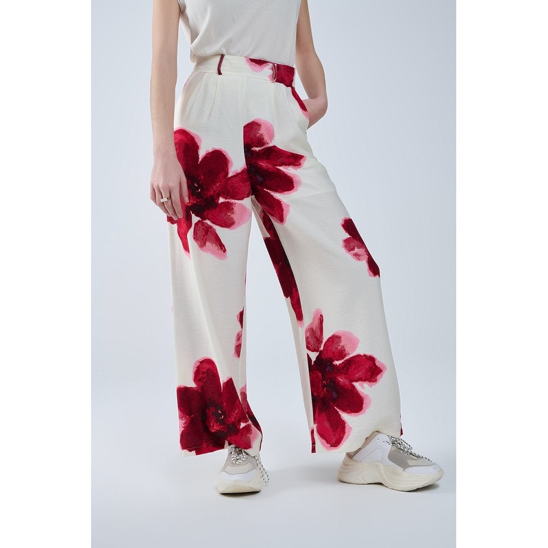 Beige Palazzo Pants With Red Tropial Flower Print And Matching Belt