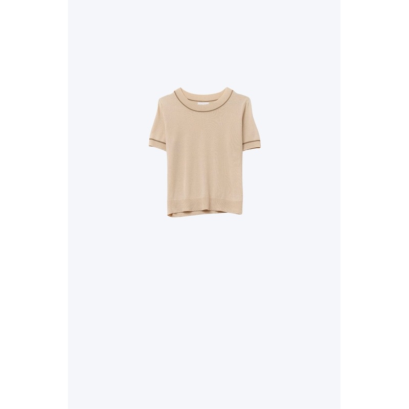 Beige Short Sleeve Knit Top With Camel Contrast Trims