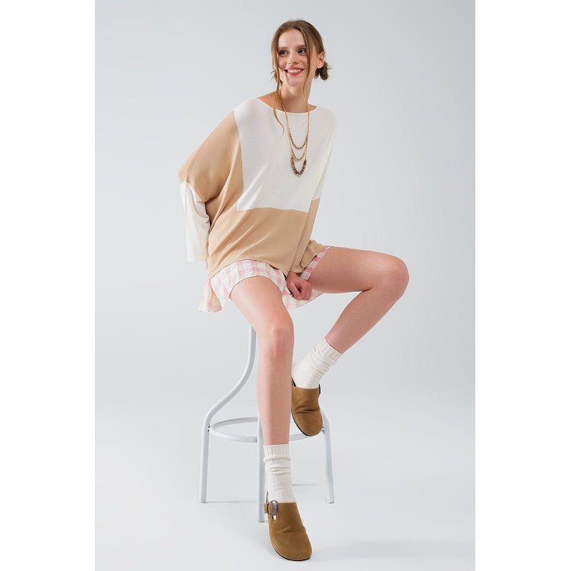 Color Block Bat Wing Sweater In White And Beige