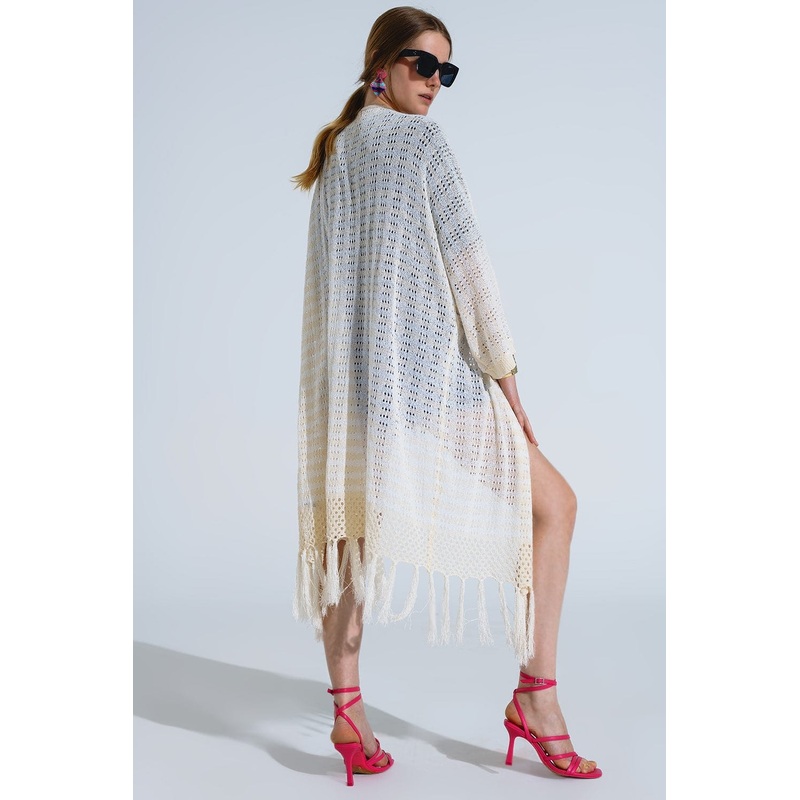 Cream Boho Style Cardigan With Stripes Pointelle Knit And Fringe Details