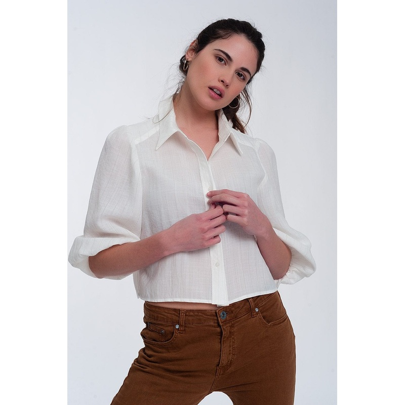 Cropped Shirt With Puff Sleeve In Cream