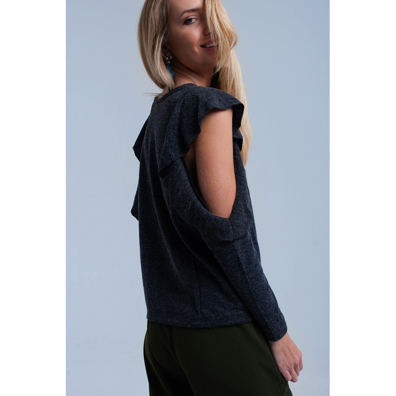 Dark Gray Top With Ruffle And Open Detail