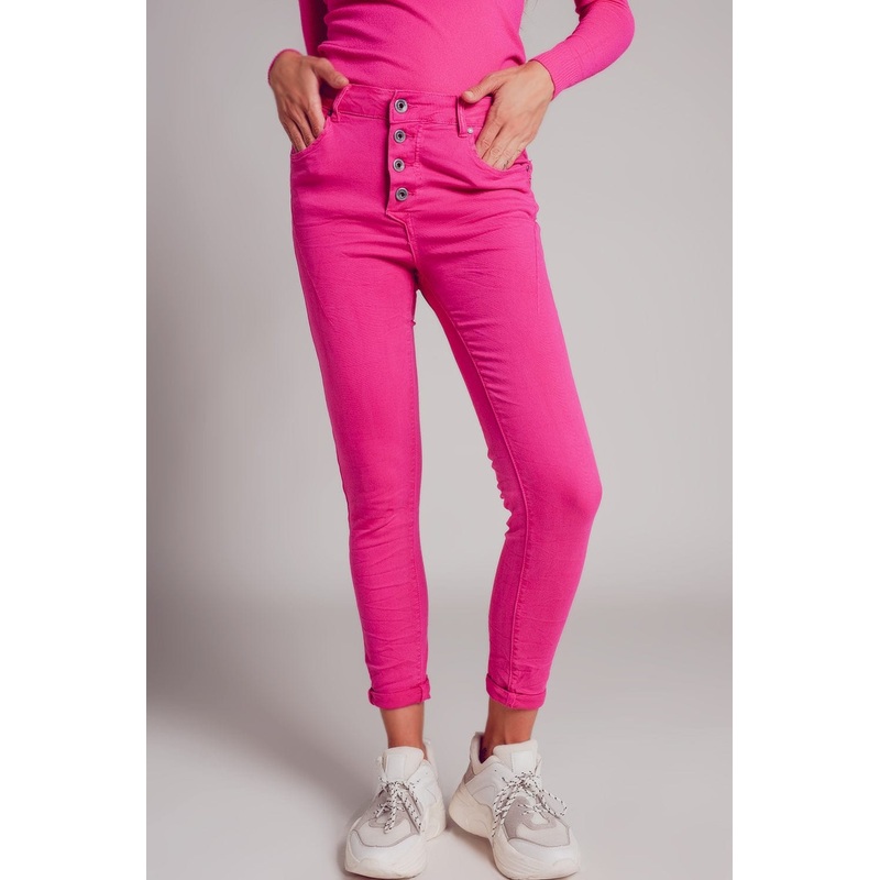 Exposed Buttons Skinny Jeans In Fuchsia