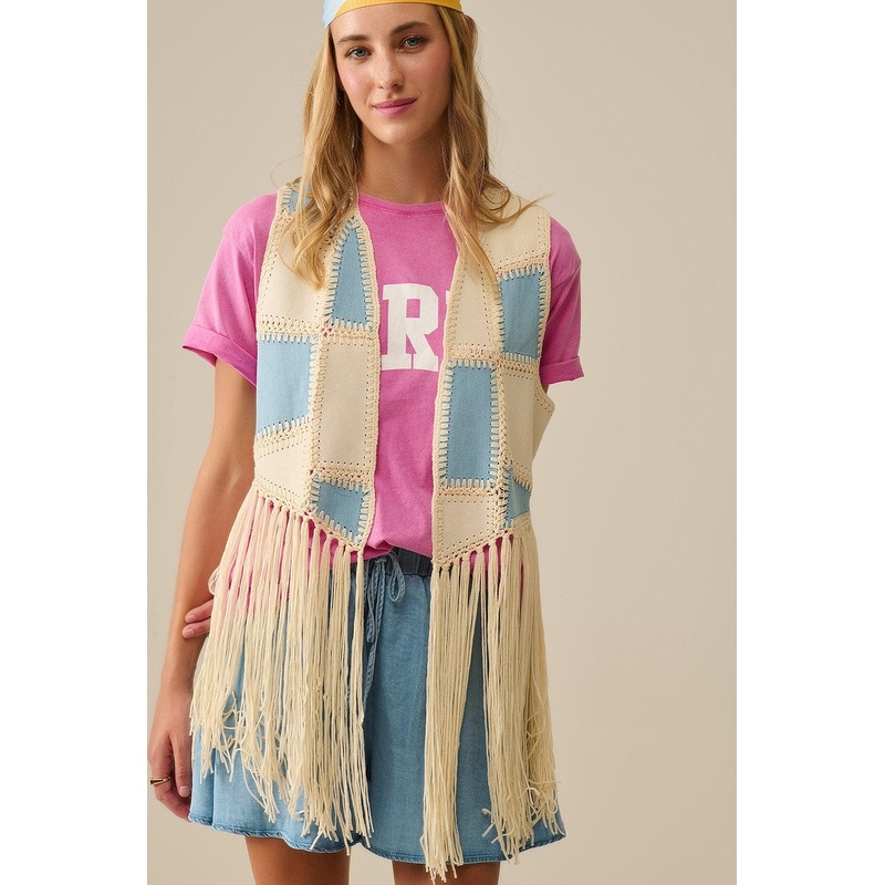 Faux Leather Vest With Patchwork And Fringe Detail