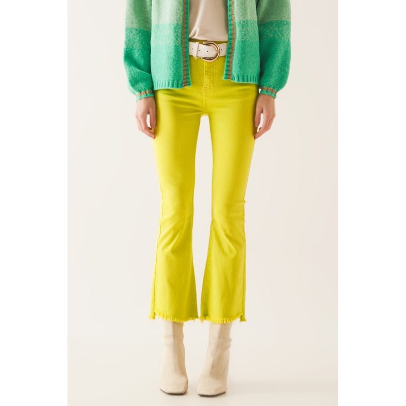 Flare Jeans With Raw Hem Edge In Yellow