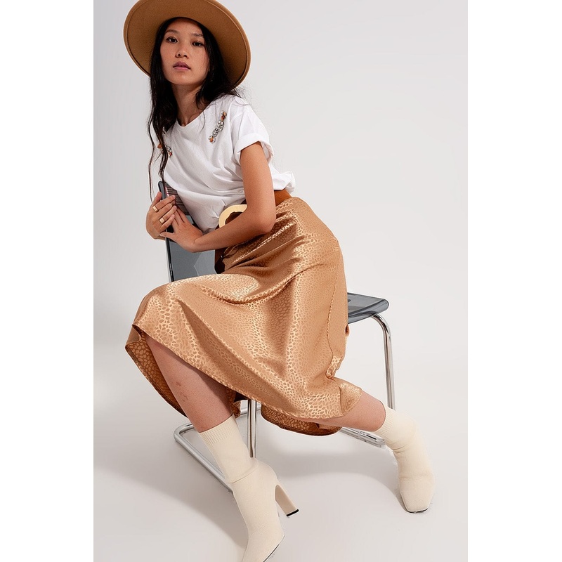 Gold Color Midi Skirt In Abstract Animal Print