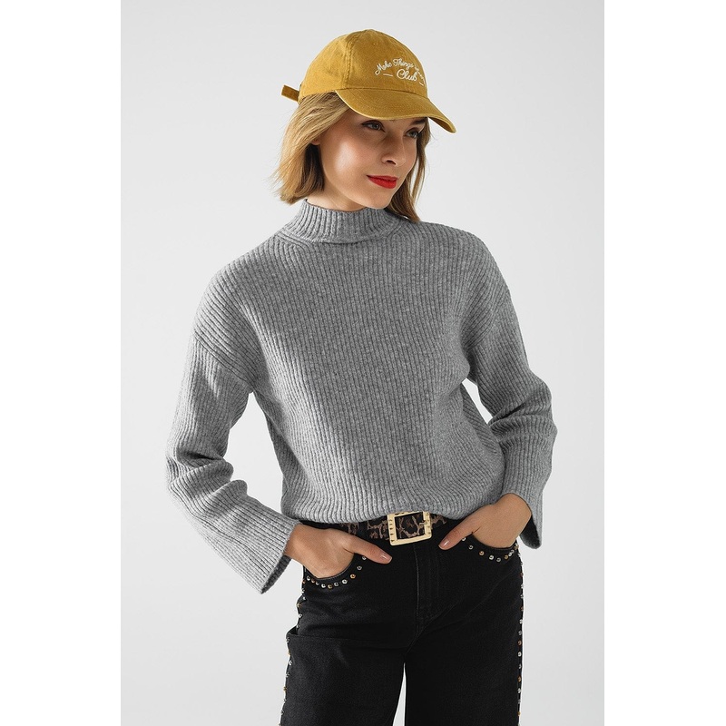 Grey Ribbed Turtleneck Sweater