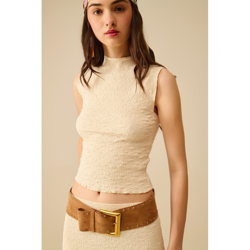 High Neck Textured Knit Sleeveless Top