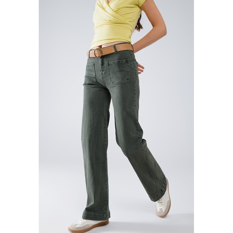 High Waisted Front Pockets Flare Jeans In Dark Khaki