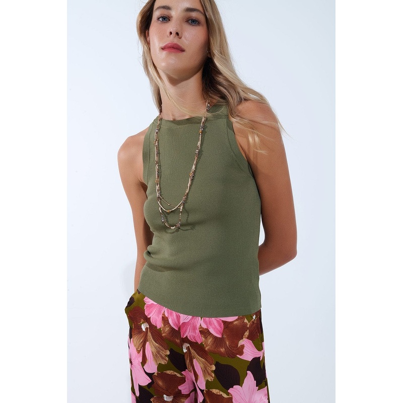 Khaki Boat Neck Comfy Ribbed Top