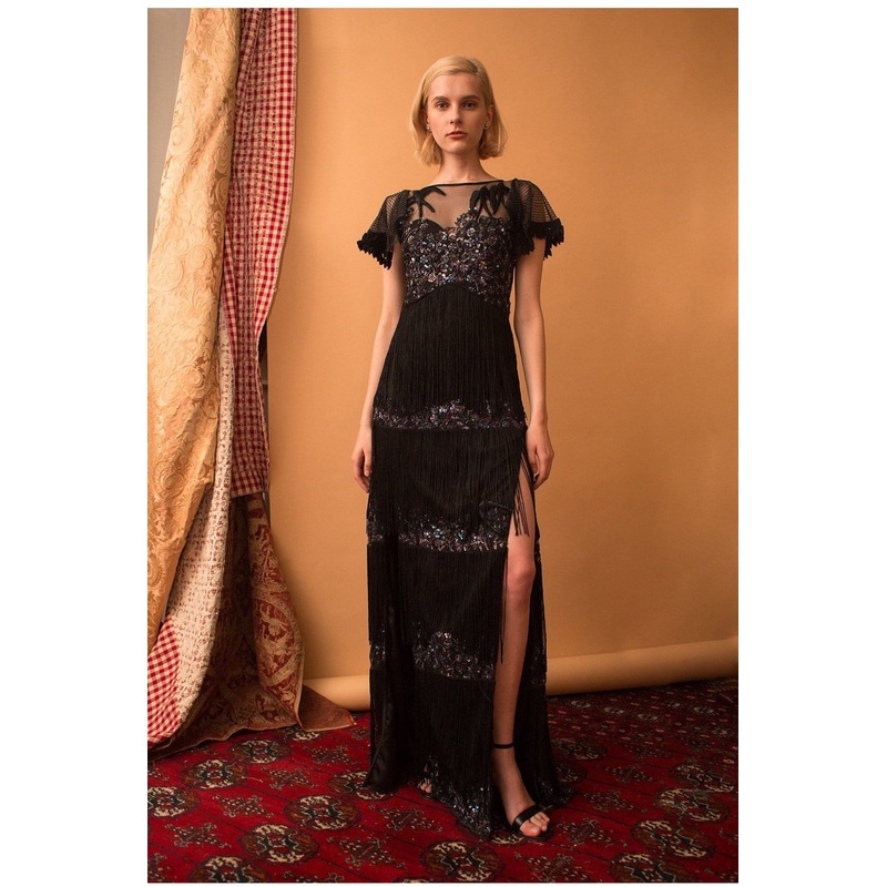 Lavanya Coodly Women’s Clara Hand-Beaded Boat Neck Black Evening Gown with Butterfly Sleeves