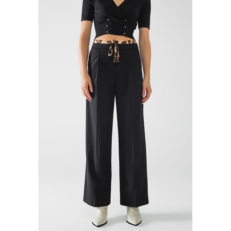 Long Black Pleated Pants With Leopard Detail At The Waist