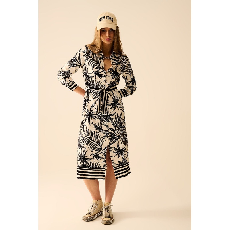 Long Sleeve Midi Dress In Tropical Motif In Black And White