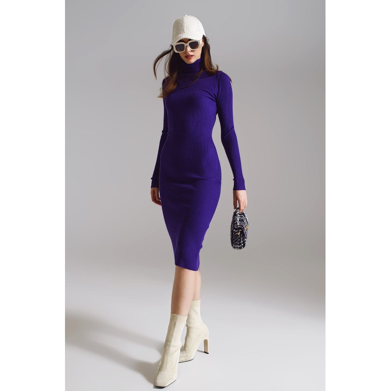 Midi Bodycon Knitted Dress With Turtle Neck In Purple