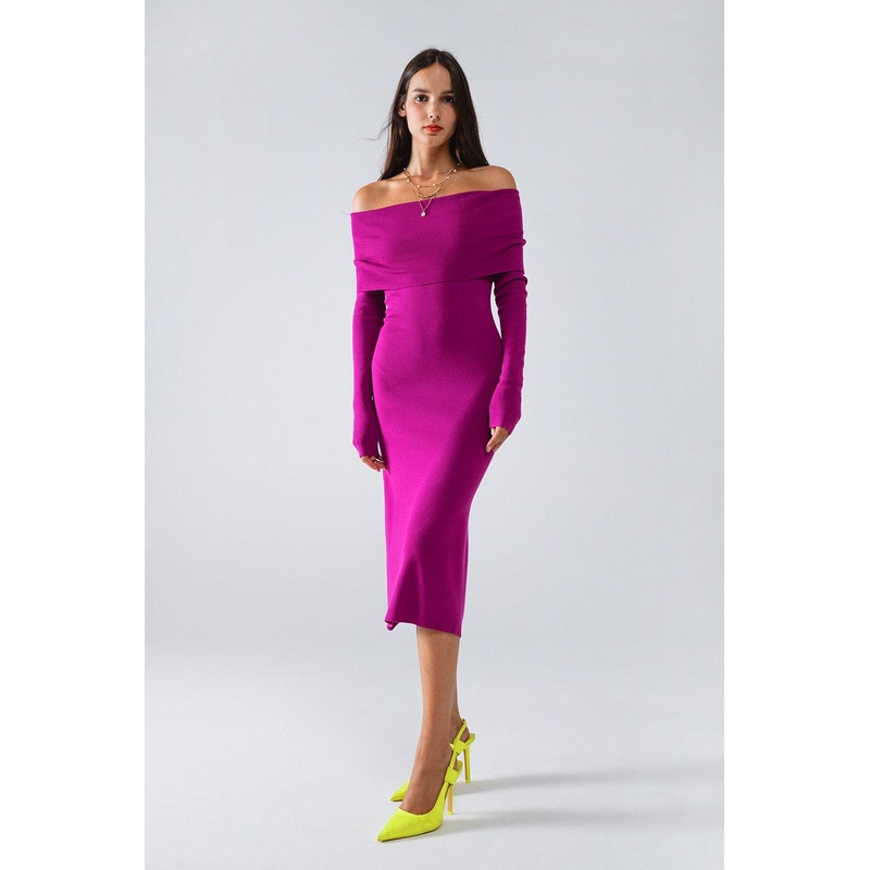 Midi Knitted Folover Badot Dress In Magenta
