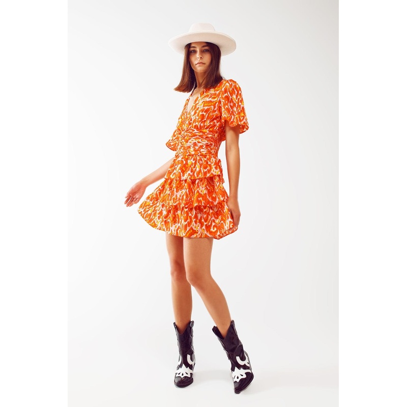 Mini V Neck Dress In Floral Orange Print
