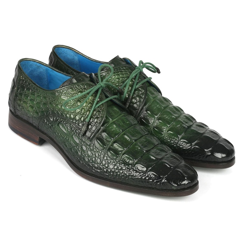 Paul Parkman Men’s Green Croco Textured Leather Derby Shoes (ID#1438GRN)