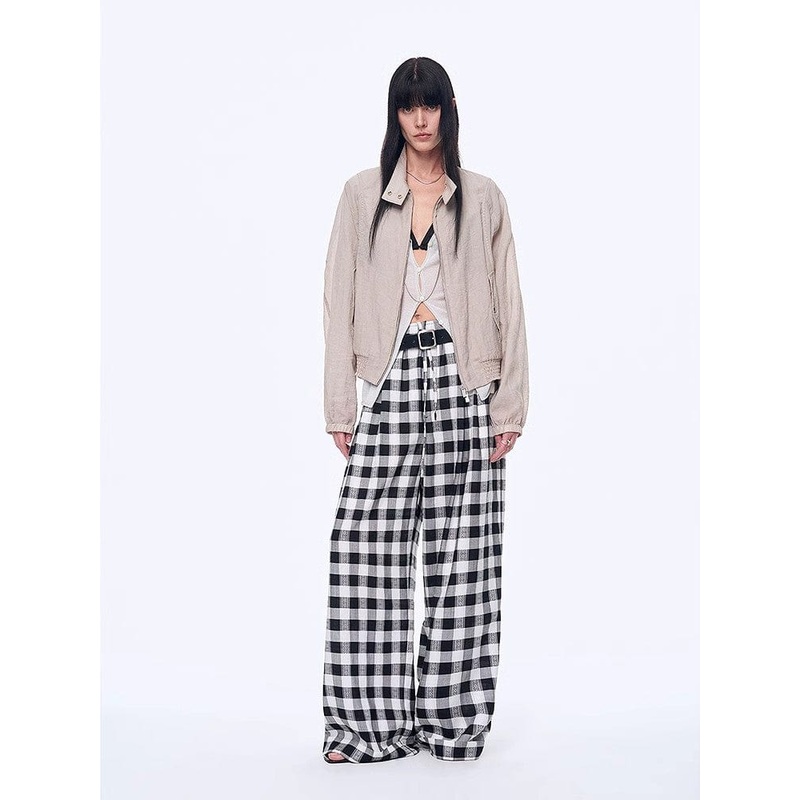 “Plaid Accent” National Style Tencel Acetate Jacquard/Drape Linen Plaid Retro Casual Pants Spring