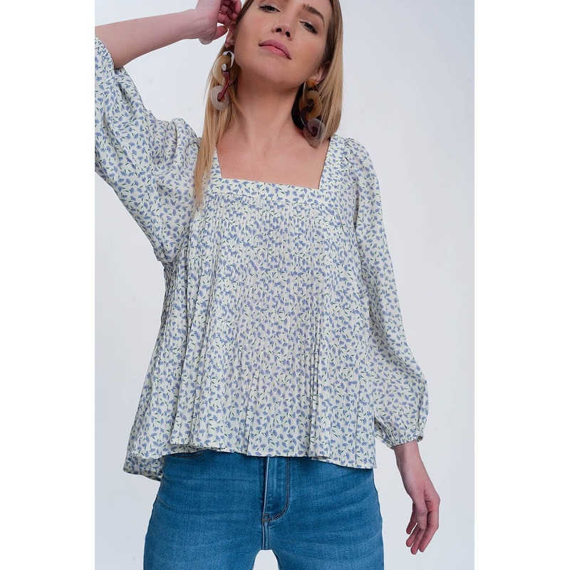 Puff Sleeve Top With Square Neck In Blue Floral Print